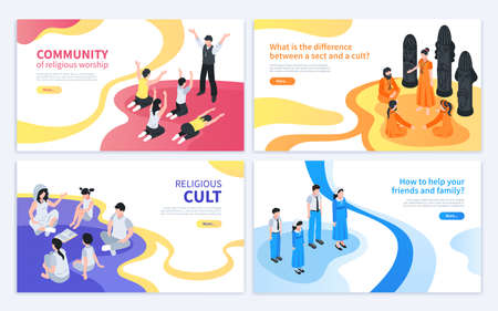 Isometric religious cult design concept with collection of four banners with artwork images and editable text vector illustrationのイラスト素材