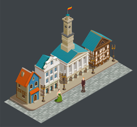 Medieval urban architecture isometric composition with wealthy people private buildings in residential area city street vector illustrationのイラスト素材