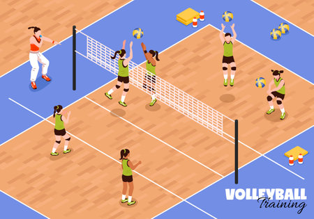 Isometric school sport kids team volleyball background with view of young female athletes during sports match vector illustrationのイラスト素材