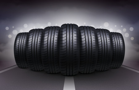 Night roadway realistic background with car tires having identical tread pattern vector illustrationのイラスト素材