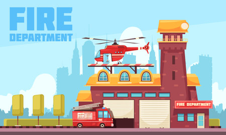 Firefighter composition with text and outdoor urban landscape with fire station building and fire appliance vehicles vector illustrationのイラスト素材