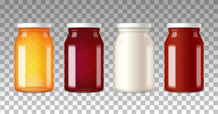 Colorful wide neck glass bottles with white screw caps on transparent background realistic vector illustrationのイラスト素材