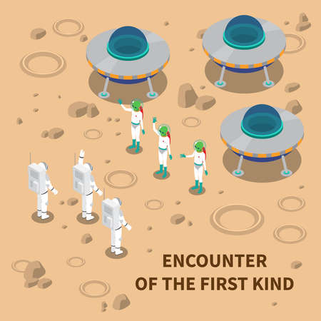 Astronaut cosmonaut taikonaut isometric composition with editable text and images of flying machines and aliens vector illustrationのイラスト素材