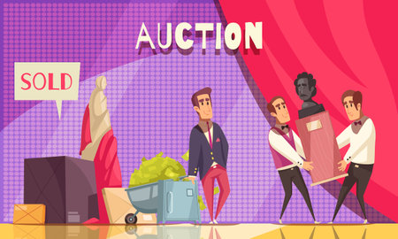 Auction horizontal composition with luxury stage and flat doodle human characters of people and rare items vector illustrationのイラスト素材