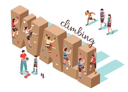 Isometric climbing wall horizontal background composition with text shaped rock walls and human characters of cragsmen vector illustrationのイラスト素材