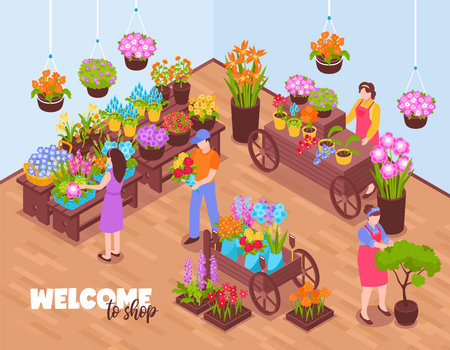 Isometric florist background with view of indoor venue and flover vendors selling bough-pots with text vector illustrationのイラスト素材