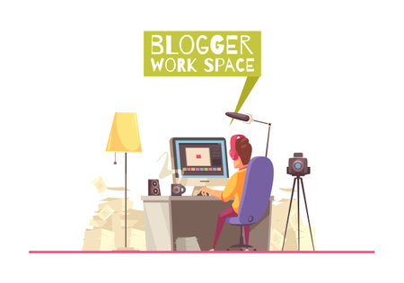 Blogger composition with images of home interior elements and domestic work space of online blogging studio vector illustrationのイラスト素材