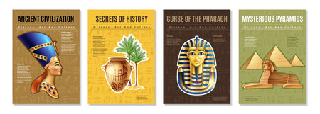 Egypt posters set with images of pharaoh tomb mysterious pyramid and ancient artifacts cartoon vector illustrationのイラスト素材