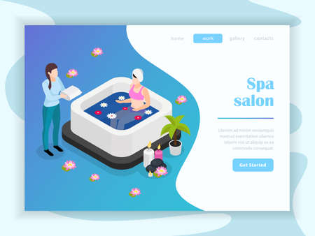 Water procedure in spa salon isometric landing page of web site with buttons menu vector illustrationのイラスト素材