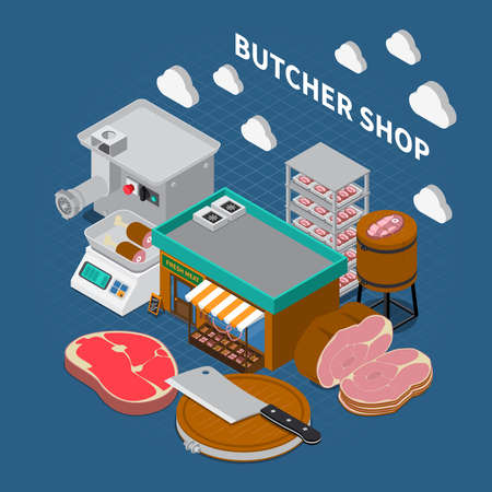 Butchery sausage shop isometric composition with composition of grocery store outdoor images with text and icons vector illustrationのイラスト素材