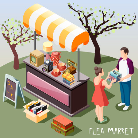 Isometric background with people and different objects at outdoor flea market 3d vector illustrationのイラスト素材