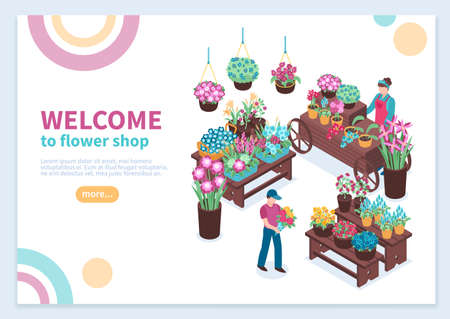 Isometric florist concept banner composition with editable text description read more button and flower selling stalls vector illustrationのイラスト素材