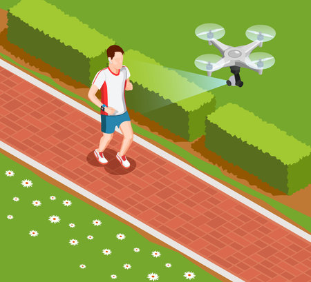Overhead drone camera providing valuable coaching data in sport training isometric composition with runner vector illustrationのイラスト素材