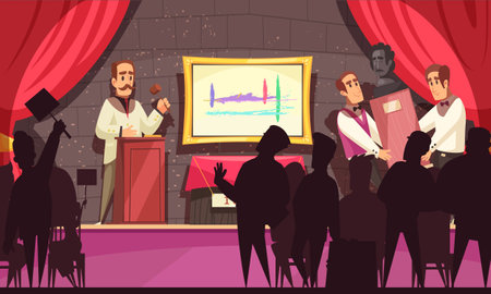 Auction composition with view of stage with red curtains and people during trade of rare collectors items vector illustrationのイラスト素材