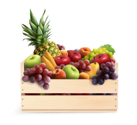Set of exotic fruits in wooden box on white background realistic design concept vector illustrationのイラスト素材