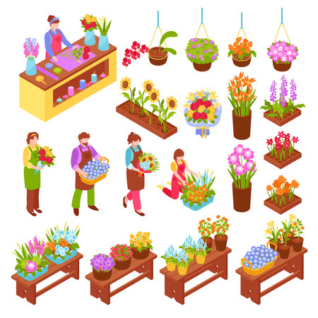 Florist isometric set of bouquets of flowers in pots and vases for flower shop with employee and seller isolated vector illustrationのイラスト素材