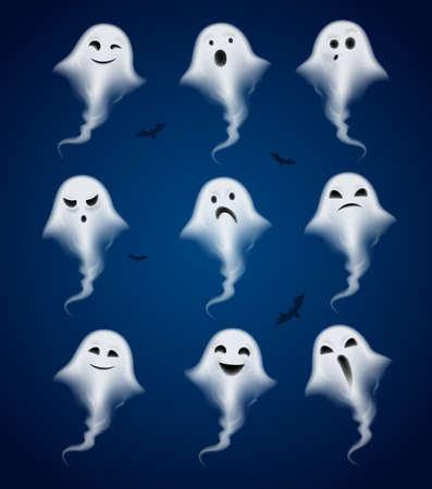 Ghost with various emotions set of realistic icons isolated on dark background with bats vector illustrationのイラスト素材