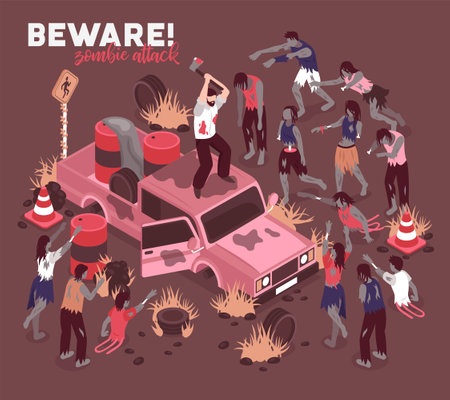 Isometric zombie apocalypse background composition with horror scenery of post-apocalyptic city and last survivor character vector illustrationのイラスト素材