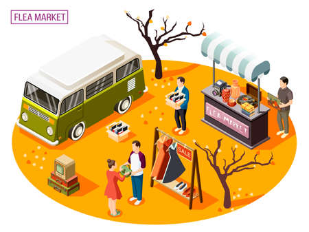 Isometric composition with people doing shopping at outdoor flea market 3d vector illustrationのイラスト素材