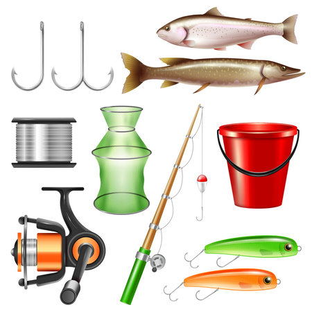 Realistic fishing set with isolated images of fish tackle and pieces of equipment on blank background vector illustrationのイラスト素材