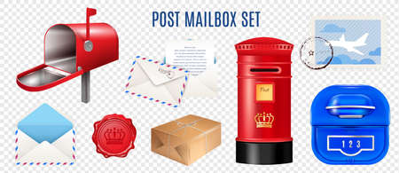 Set of realistic postage elements mail boxes letter and parcel isolated on transparent background vector illustrationのイラスト素材