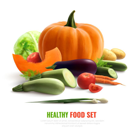 Healthy food set colorful composition with eggplant zucchini potato carrot cabbage pumpkin cucumber onion realistic vector illustrationのイラスト素材