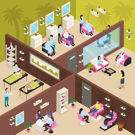Beauty center with massage procedures barber shop manicure and pedicure rest zone isometric composition vector illustrationのイラスト素材