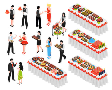 Isometric banquet reception dinner party set of isolated human characters and long tables with various dishes vector illustrationのイラスト素材