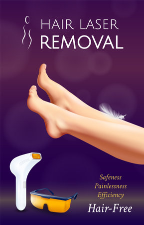 Realistic photoepilation vertical poster with laser assisted hair removal tools female legs and editable text vector illustrationのイラスト素材