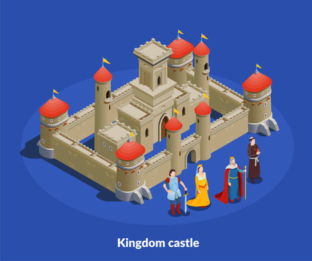 Medieval kingdom fortified castle with stone walls towers isometric composition with king queen bishop knight vector illustrationのイラスト素材