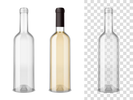 Empty and sealed by cap filled wine glass bottles realistic set on white and transparent mixture backgrounds vector illustrationのイラスト素材