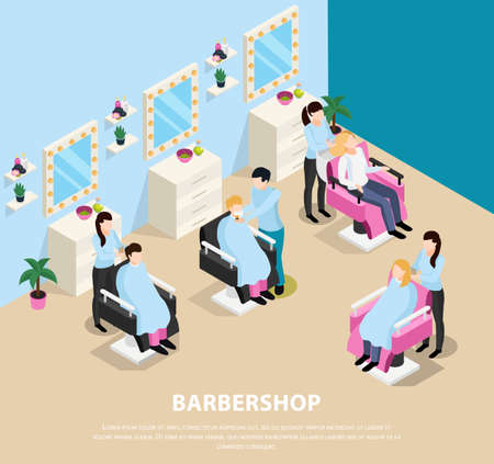 Barber shop isometric composition with customers sitting in chairs and masters during hair work vector illustrationのイラスト素材