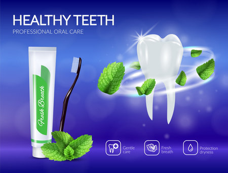 Realistic tooth with swirl from mint leaves and dental care products poster on blue background vector illustrationのイラスト素材