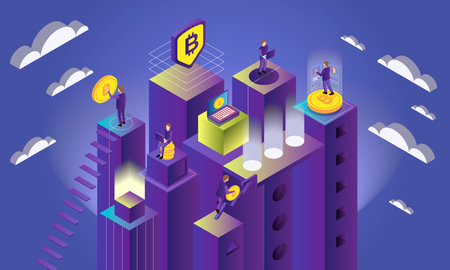 Isometric cryptocurrency concept with bitcoin icons and people do mining 3d vector illustrationのイラスト素材