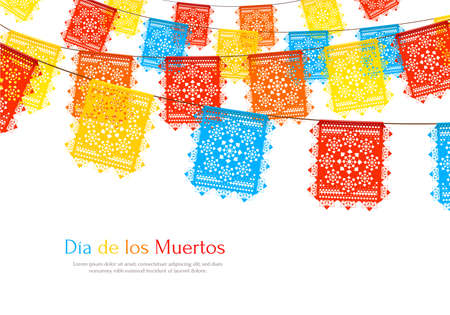 Day of dead as mexican ethnic holiday realistic background with garlands of paper cut party flags vector illustrationのイラスト素材