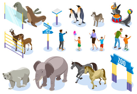 Contact zoo isometric icons collection of animals human characters of adult people and children with shadows vector illustrationのイラスト素材