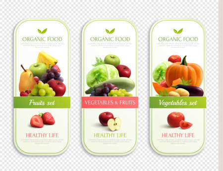 Three labels on theme of organic food for healthy life with fruits and vegetables set on transparent background realistic vector illustrationのイラスト素材