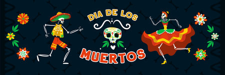 Mexican dia muertos day dead celebration with dancing in national costumes skeletons black horizontal banner vector illustrationのイラスト素材