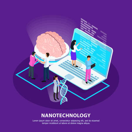 Scientists and development of nano technology for medicine on purple gradient background isometric vector illustrationのイラスト素材