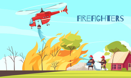 Firefighters outdoor composition with human characters of fire fighting crew with helicopter suppressing trees on fire vector illustrationのイラスト素材