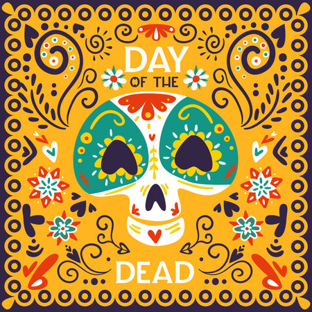 Mexican day of dead holiday celebration bright golden yellow ornamental poster with skull mask abstract vector illustrationのイラスト素材