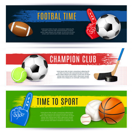 Realistic sport banners set of three horizontal compositions with stickers and images of balls with text vector illustrationのイラスト素材