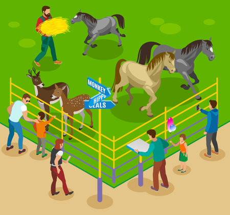 Contact zoo isometric composition with horses deers and zoo workers with barriers and guest people characters vector illustrationのイラスト素材