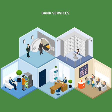 Bank isometric background with conceptual interior images representing different kinds of banking accommodations with human characters vector illustrationのイラスト素材