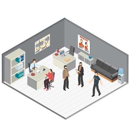 Law justice detectives office isometric composition with crime case investigators  interview witness reconstructing incident details vector illustrationのイラスト素材
