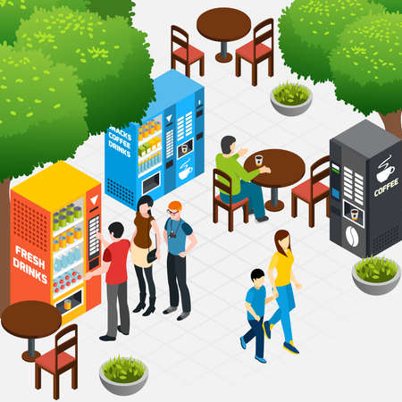 Isometric composition with outdoor cafe and people buying coffee and snacks in vending machines 3d vector illustrationのイラスト素材
