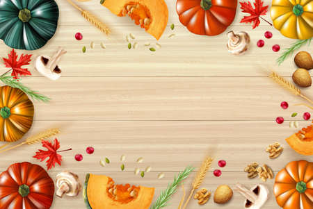 Thanksgiving day multicolored composition or frame with pumpkins sliced mushrooms and different elements of festive dish vector illustrationのイラスト素材
