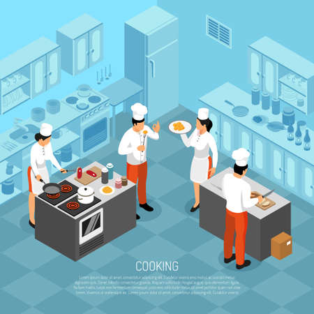 Professional cooks chef kitchen staff butchering meat making saus preparing food for service isometric composition vector illustrationのイラスト素材