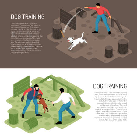 Cynologist dog training 2 isometric horizontal banners with park playground specific tasks learning activities ddescription vector illustrationのイラスト素材