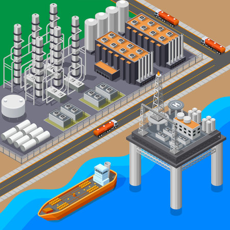 Isometric composition with oil refinery tanker and sea platform 3d vector illustrationのイラスト素材